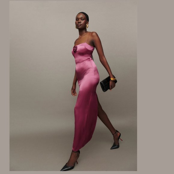 Reformation Frankie Silk Dress | Strawberry Wine Rosette  🕸Silk🕸 🎉NEW 🎀 ✂🏷️ - Picture 5 of 13